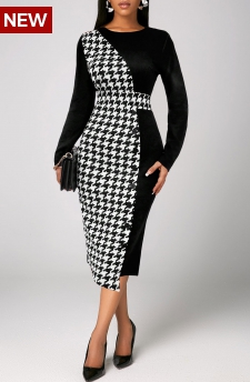 Plaid Patchwork Black Long Sleeve Round Neck Dress