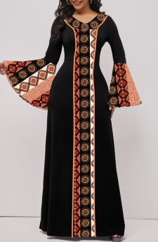 Tribal Print Patchwork Black Long Sleeve Maxi Dress