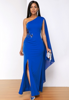 Solid Side Slit One Shoulder Long Sleeve Dress