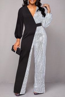 V Neck Sequin Black Long Jumpsuit