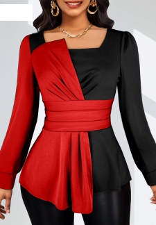 Asymmetry Red Long Sleeve Square Neck Blouse