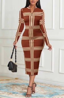 Striped Zipper Light Coffee Long Sleeve Dress