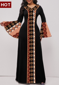 Tribal Print Patchwork Black Long Sleeve Maxi Dress