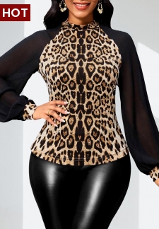 Leopard Patchwork Dark Camel Long Sleeve Stand Collar Blouse