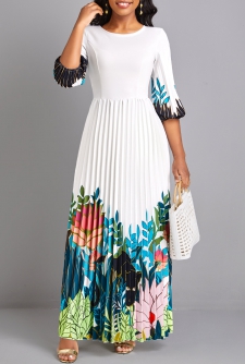 Round Neck Floral Print Pleated White Maxi Dress