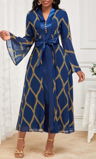 Tribal Print Patchwork Belted Navy New Year Dress