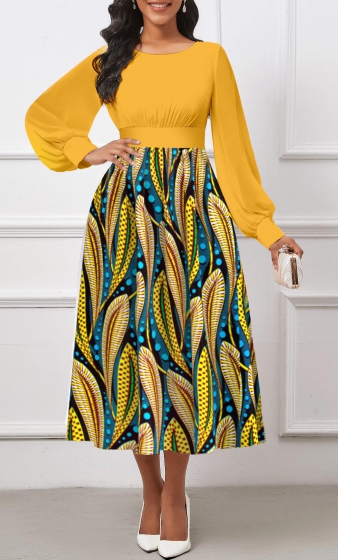Tribal Print Umbrella Hem Yellow Long Sleeve Dress