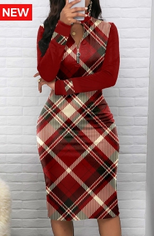 Plaid Zipper Wine Red Long Sleeve Bodycon Dress