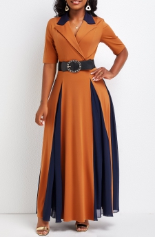 Patchwork Lapel Half Sleeve Brick Red Maxi Dress