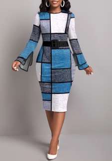 Geometric Print Layered Blue Long Sleeve Dress