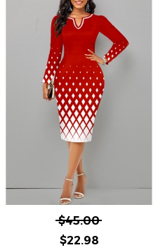 Geometric Print Split Christmas Red Long Sleeve Dress