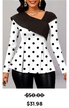 Polka Dot Asymmetry White Long Sleeve Asymmetrical Neck Blouse