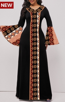 Tribal Print Patchwork Black Long Sleeve Maxi Dress