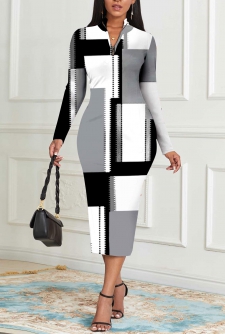 Geometric Print Zipper Grey Long Sleeve Bodycon Dress