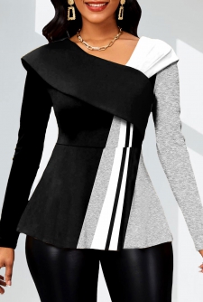 Geometric Print Patchwork Black Long Sleeve Asymmetrical Neck Blouse