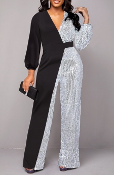 V Neck Sequin Black Long Jumpsuit