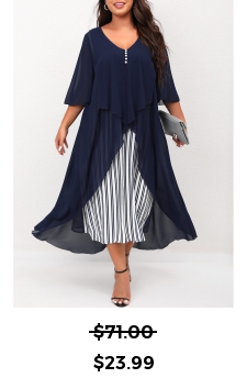 Navy Blue Striped Plus Size V Neck Dress
