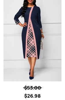 Plaid 3/4 Sleeve Navy Faux Two Piece Dress