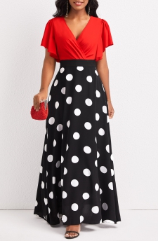 Polka Dot Patchwork Black V Neck Maxi Dress