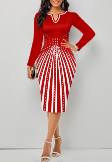 Geometric Print Split Red Long Sleeve Bodycon Dress