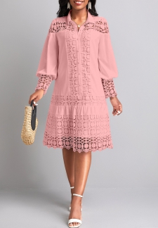 Lace Light Pink Long Sleeve Shirt Collar Shift Dress