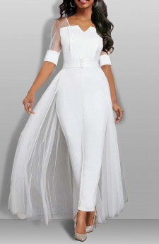 Lightweight White Ankle Length Split Neck Jumpsuit
