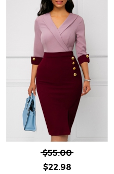 3/4 Sleeve Wine Red Decorative Button Bodycon Dress