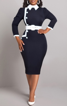 Contrast Binding Belted Black Polo Collar Dress