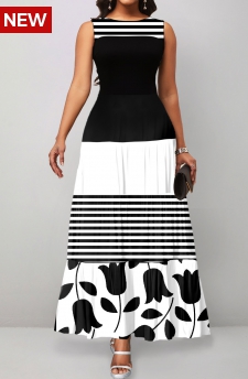 Geometric Print Patchwork Black Round Neck Maxi Dress