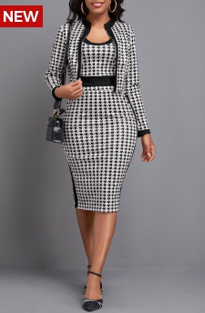 Plaid Split Black Long Sleeve Top and Skirt
