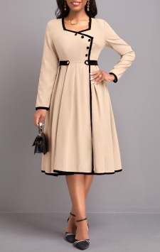 Light Camel Long Sleeve Contrast Binding Dress