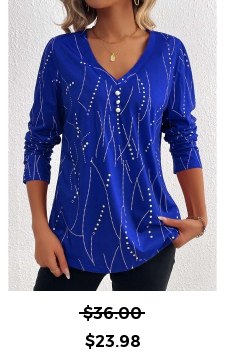 Geometric Print Button Dark Blue Long Sleeve T Shirt