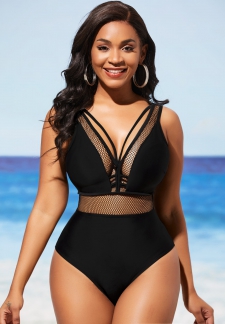 Black Fishnet Panel Sheer One Piece Swimwear