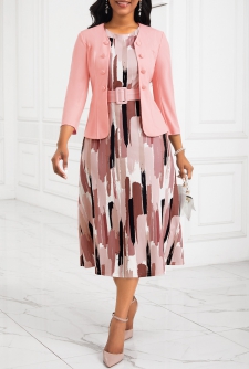 Two Piece Belted Pink Round Neck Dress and Cardigan