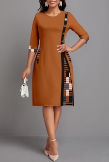 Geometric Print Patchwork Dark Coffee Round Neck Dress