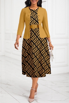 Geometric Print Two Piece Belted Ginger Round Neck Dress and Cardigan