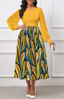 Tribal Print Umbrella Hem Yellow Long Sleeve Dress