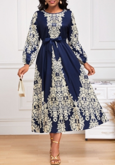 Tribal Print Tie Belted Navy Long Sleeve Dress
