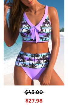 High Waisted Tropical Plants Print Patchwork Bikini Set