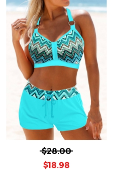 Geometric Print Metal Ring Cyan Bikini Top