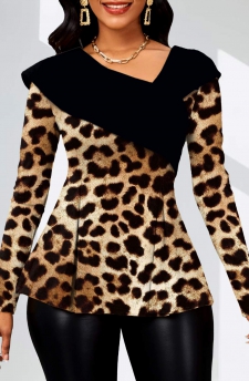 Leopard Asymmetry Dark Coffee Long Sleeve Blouse