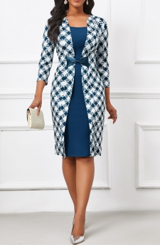 Plaid Patchwork Blue Three Quarter Length Sleeve Dress