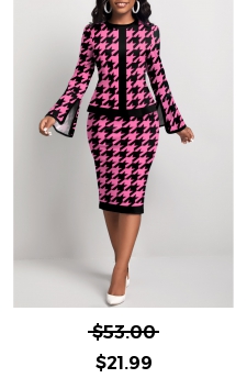 Houndstooth Print Two Piece Hot Pink Top and Skirt