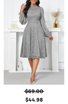 Lace Grey Long Sleeve Stand Collar Dress