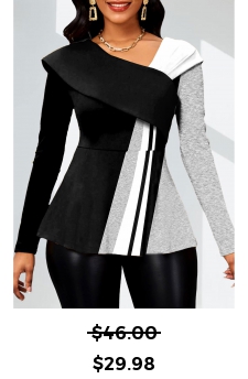 Geometric Print Patchwork Black Long Sleeve Asymmetrical Neck Blouse