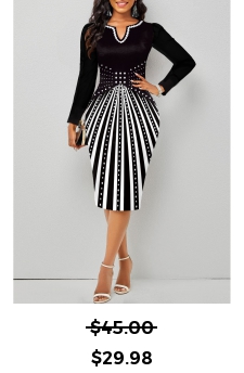 Geometric Print Split Black Long Sleeve Bodycon Dress