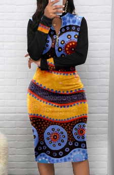 Tribal Print Patchwork Black Long Sleeve Bodycon Dress
