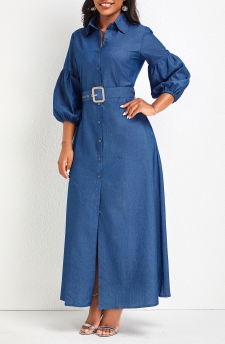 Button Belted Denim Blue Shirt Collar Maxi Dress