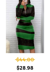 Geometric Print Zipper Green Long Sleeve Bodycon Dress