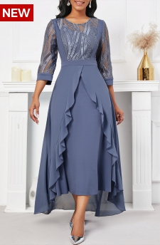 Dusty Blue High Low Round Neck Embroidery Dress